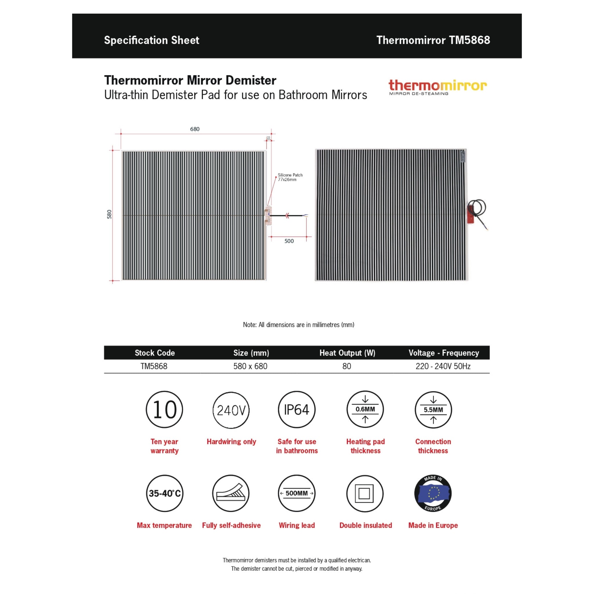 THERMOGROUP ABLAZE RECTANGULAR WHITE FRAMED MIRROR WITH DEMISTER 750X900MM