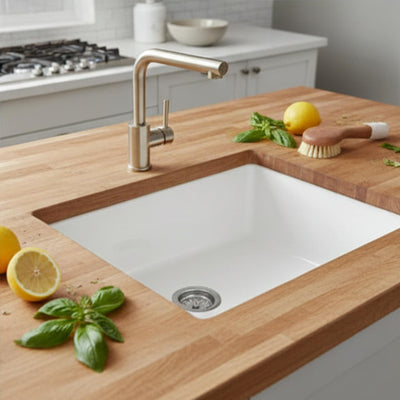 TURNER HASTINGS CUISINE INSET AND UNDERMOUNT FINE FIRECLAY SINGLE BOWL SINK WITH OVERFLOW MATTE WHITE 601MM