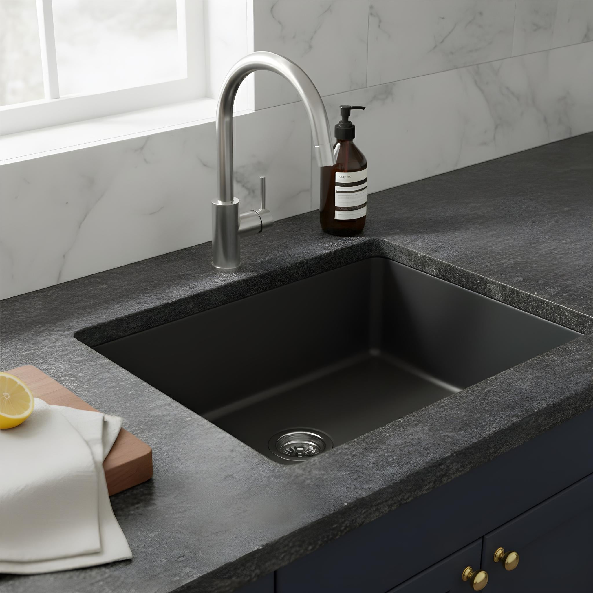 TURNER HASTINGS CUISINE INSET AND UNDERMOUNT FINE FIRECLAY SINGLE BOWL SINK MATTE BLACK 601MM