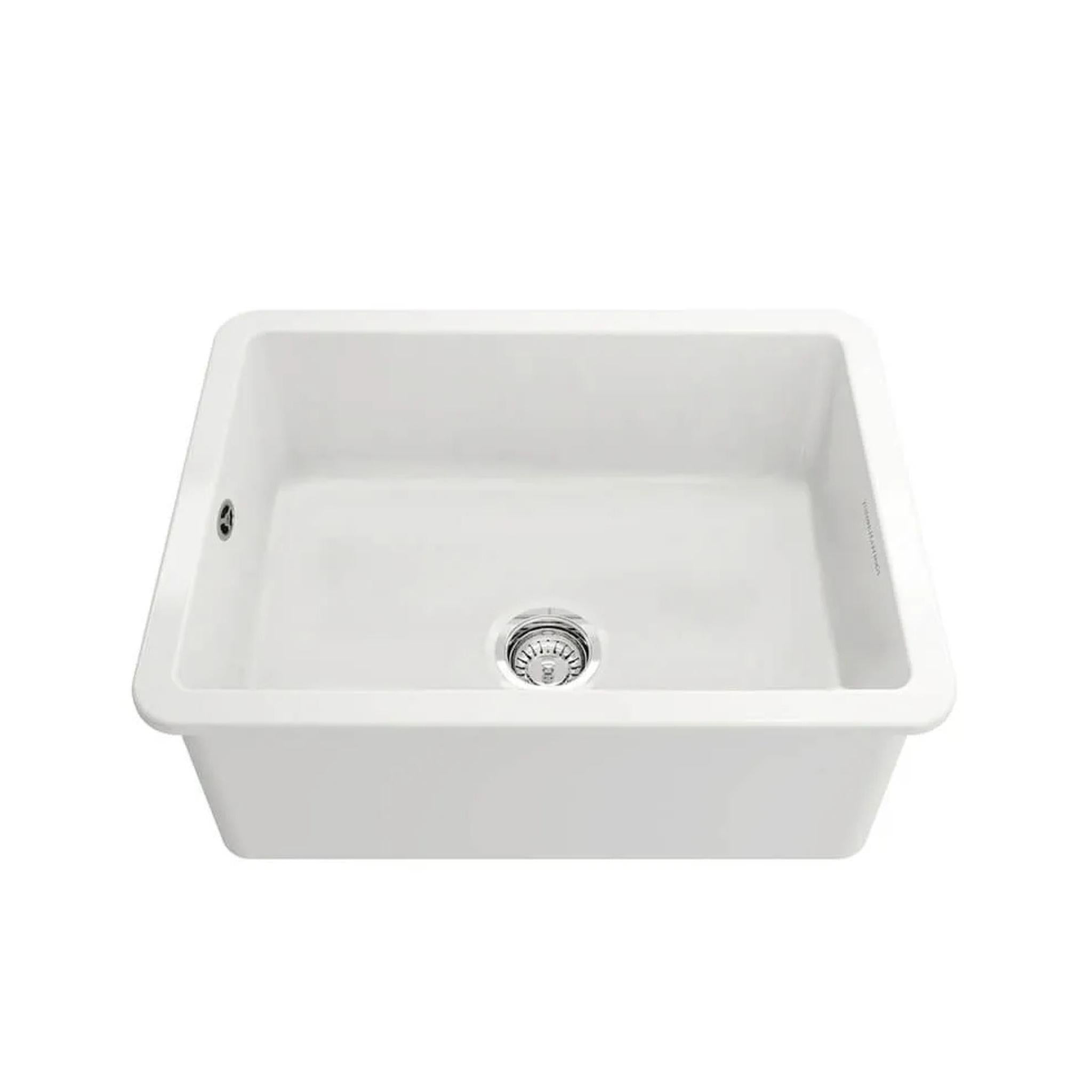 TURNER HASTINGS CUISINE INSET AND UNDERMOUNT FINE FIRECLAY SINGLE BOWL SINK WITH OVERFLOW GLOSS WHITE 601MM