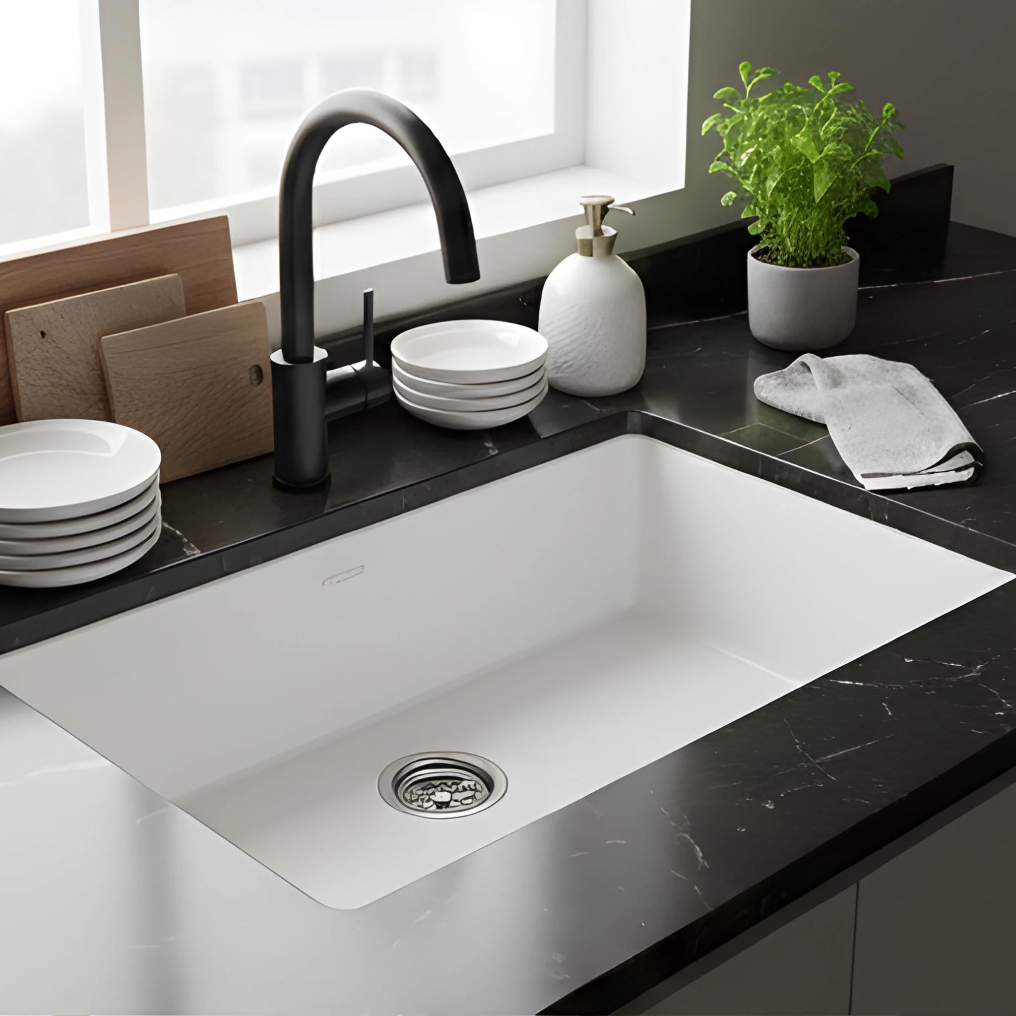 TURNER HASTINGS CUISINE INSET AND UNDERMOUNT FINE FIRECLAY SINGLE BOWL SINK WITH OVERFLOW GLOSS WHITE 680MM