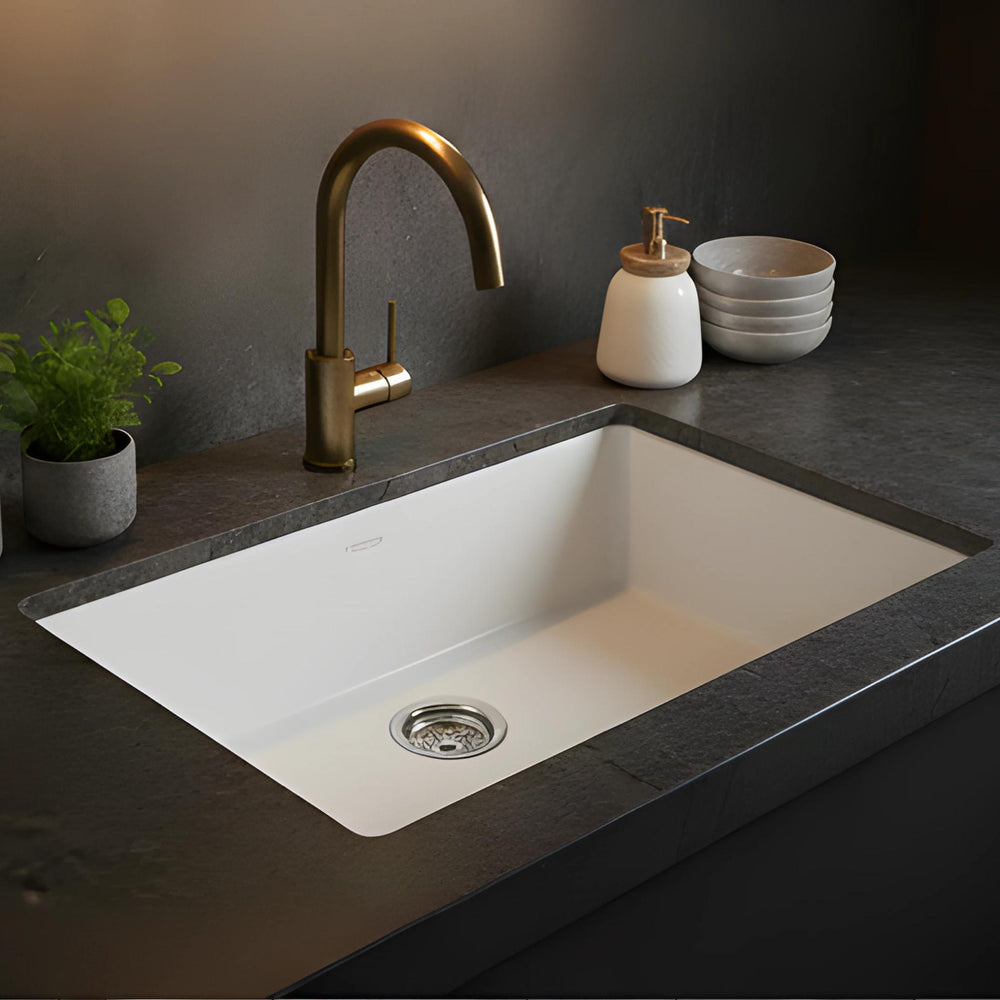 TURNER HASTINGS CUISINE INSET AND UNDERMOUNT FINE FIRECLAY SINGLE BOWL SINK WITH OVERFLOW GLOSS WHITE 680MM