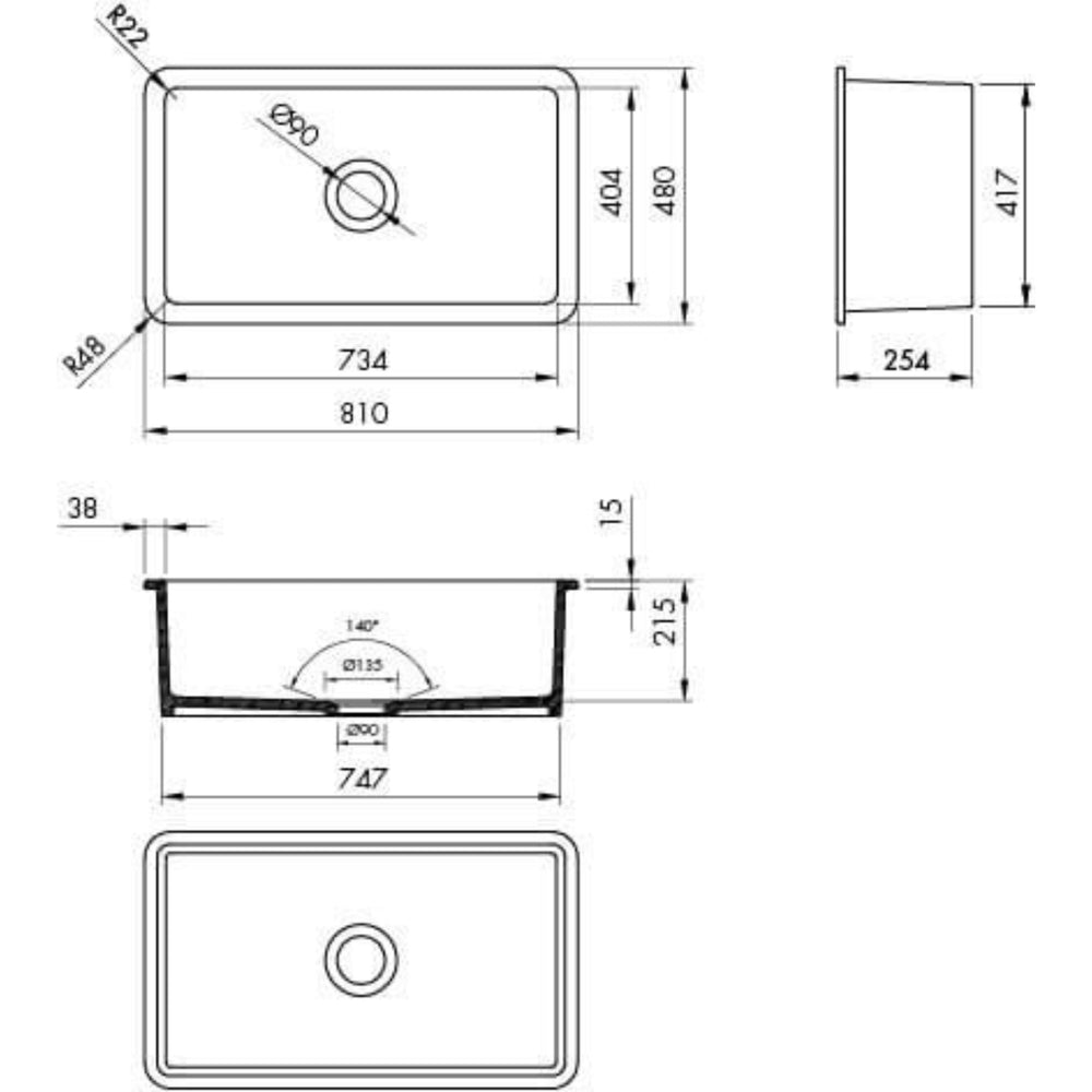 TURNER HASTINGS CUISINE INSET AND UNDERMOUNT FINE FIRECLAY SINK MATTE WHITE 810MM