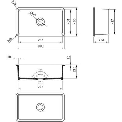 TURNER HASTINGS CUISINE INSET AND UNDERMOUNT FINE FIRECLAY SINK MATTE WHITE 810MM