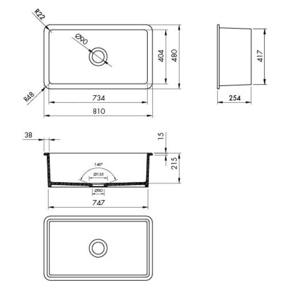TURNER HASTINGS CUISINE INSET AND UNDERMOUNT FINE FIRECLAY SINK WITH OVERFLOW MATTE BLACK 810MM