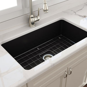 TURNER HASTINGS CUISINE INSET AND UNDERMOUNT FINE FIRECLAY SINK WITH OVERFLOW MATTE BLACK 810MM