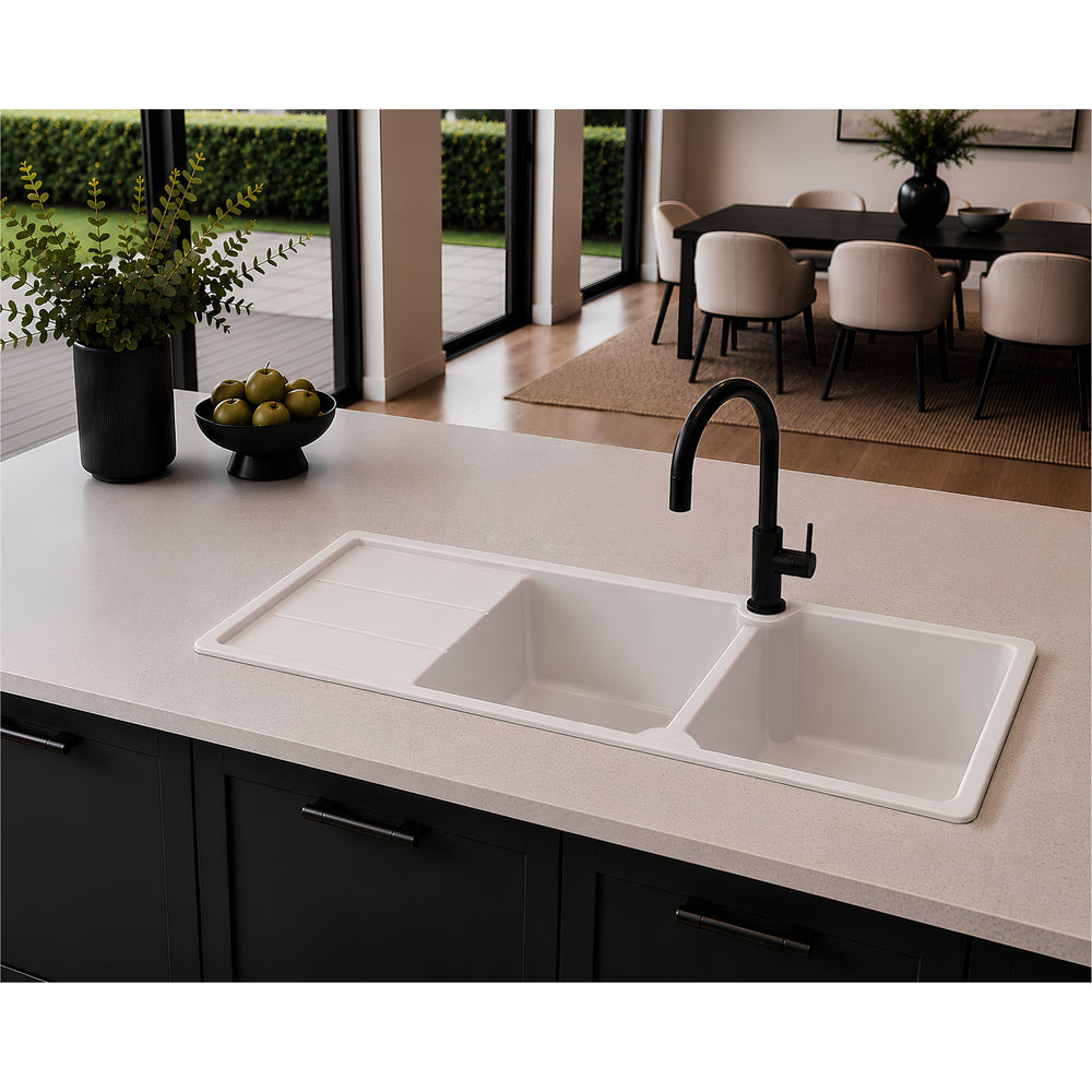 TURNER HASTINGS CUISINE INSET AND UNDERMOUNT FINE FIRECLAY DOUBLE BOWL SINK WITH TAPHOLE AND DRAINER MATTE WHITE 1160MM