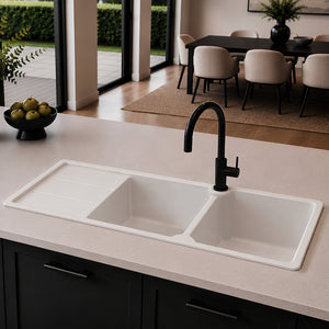 TURNER HASTINGS CUISINE INSET AND UNDERMOUNT FINE FIRECLAY DOUBLE BOWL SINK WITH TAPHOLE AND DRAINER MATTE WHITE 1160MM
