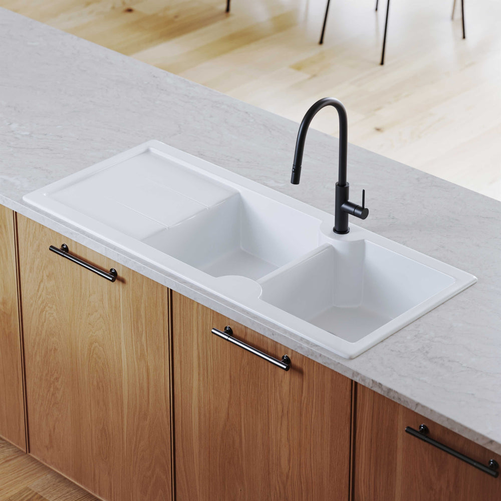 TURNER HASTINGS CUISINE INSET AND UNDERMOUNT FINE FIRECLAY DOUBLE BOWL SINK WITH TAPHOLE AND DRAINER GLOSS WHITE 1160MM