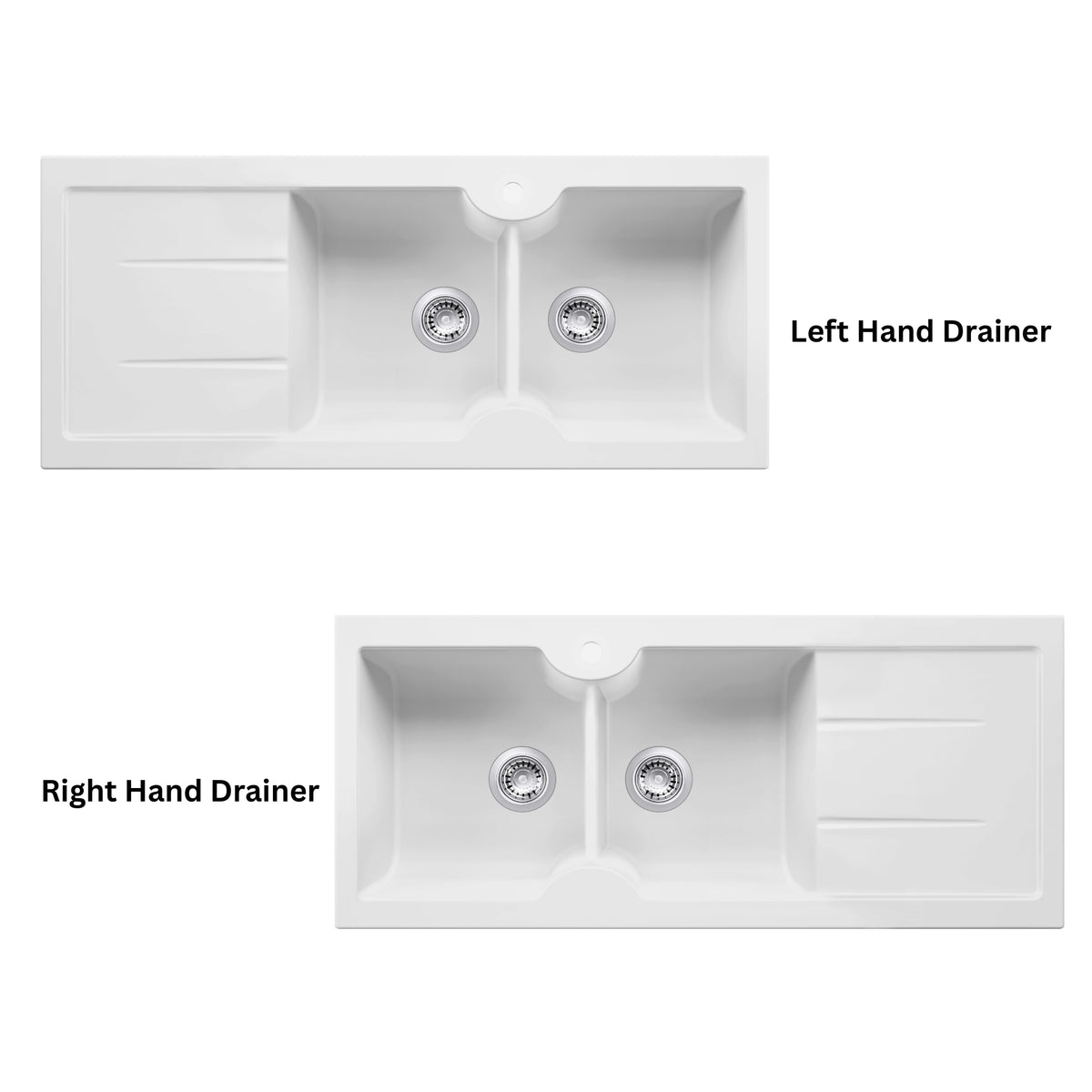 TURNER HASTINGS CUISINE INSET AND UNDERMOUNT FINE FIRECLAY DOUBLE BOWL SINK WITH TAPHOLE AND DRAINER MATTE WHITE 1160MM