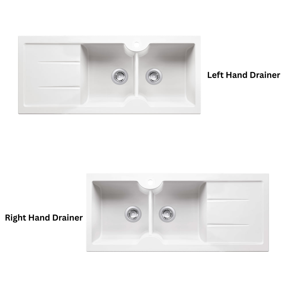 TURNER HASTINGS CUISINE INSET AND UNDERMOUNT FINE FIRECLAY DOUBLE BOWL SINK WITH TAPHOLE AND DRAINER GLOSS WHITE 1160MM