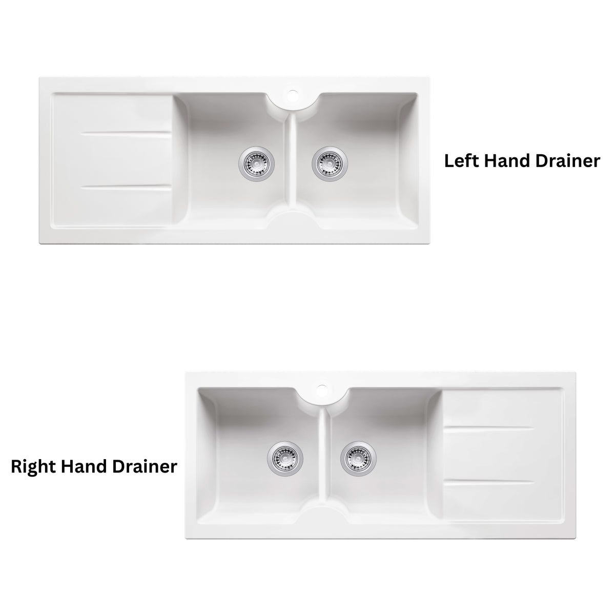 TURNER HASTINGS CUISINE INSET AND UNDERMOUNT FINE FIRECLAY DOUBLE BOWL SINK WITH TAPHOLE AND DRAINER GLOSS WHITE 1160MM