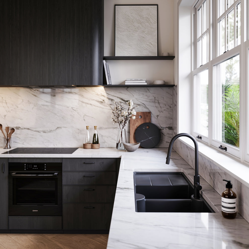 TURNER HASTINGS CUISINE INSET AND UNDERMOUNT FINE FIRECLAY DOUBLE BOWL SINK WITH TAPHOLE AND DRAINER MATTE BLACK 1160MM