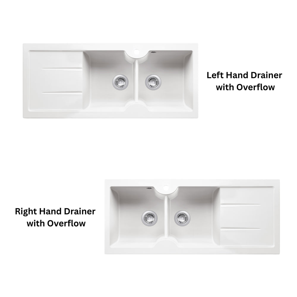 TURNER HASTINGS CUISINE INSET AND UNDERMOUNT FINE FIRECLAY DOUBLE BOWL SINK WITH OVERFLOW, TAPHOLE AND DRAINER GLOSS WHITE 1160MM