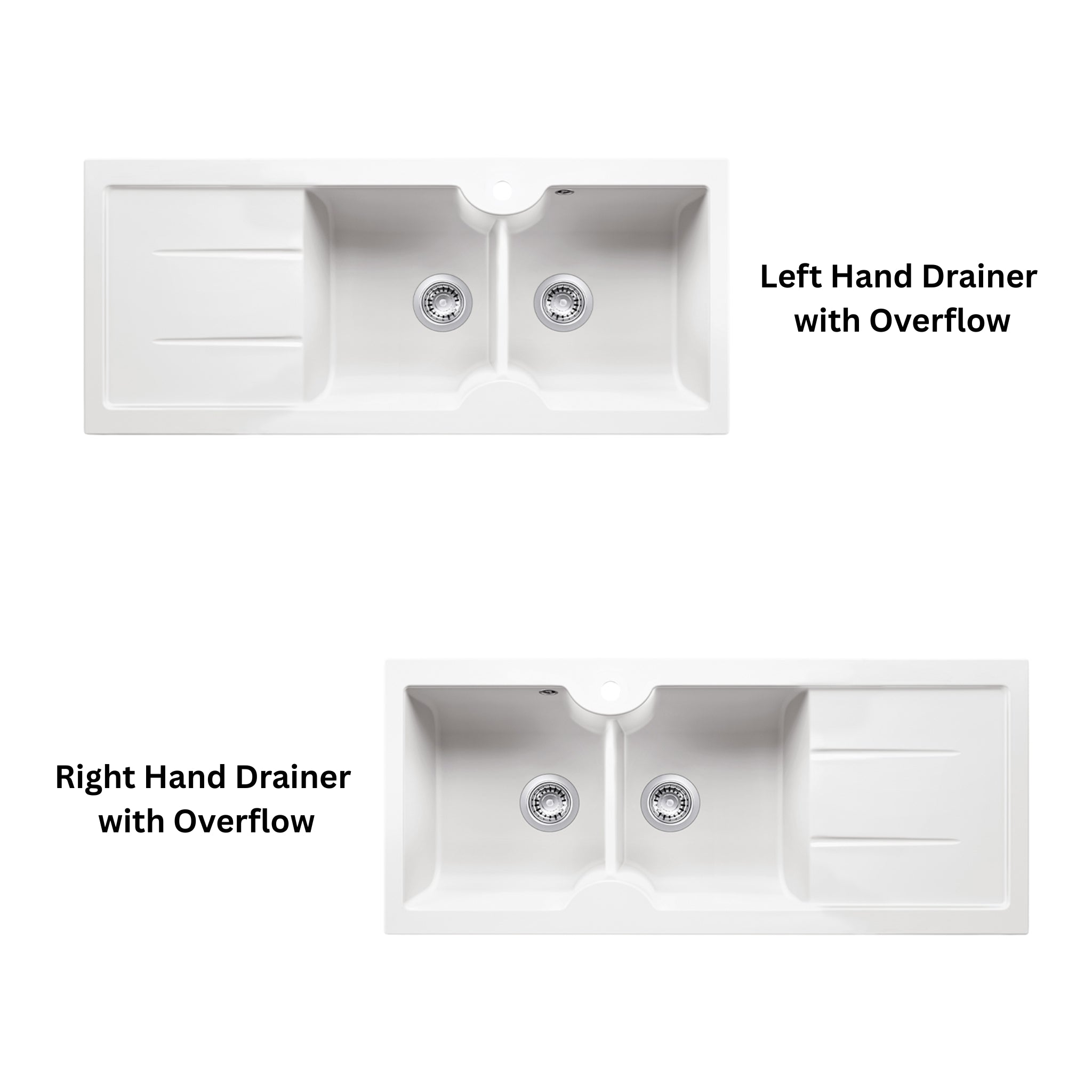 TURNER HASTINGS CUISINE INSET AND UNDERMOUNT FINE FIRECLAY DOUBLE BOWL SINK WITH OVERFLOW, TAPHOLE AND DRAINER GLOSS WHITE 1160MM