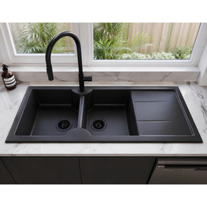 TURNER HASTINGS CUISINE INSET AND UNDERMOUNT FINE FIRECLAY DOUBLE BOWL SINK WITH TAPHOLE AND DRAINER MATTE BLACK 1160MM