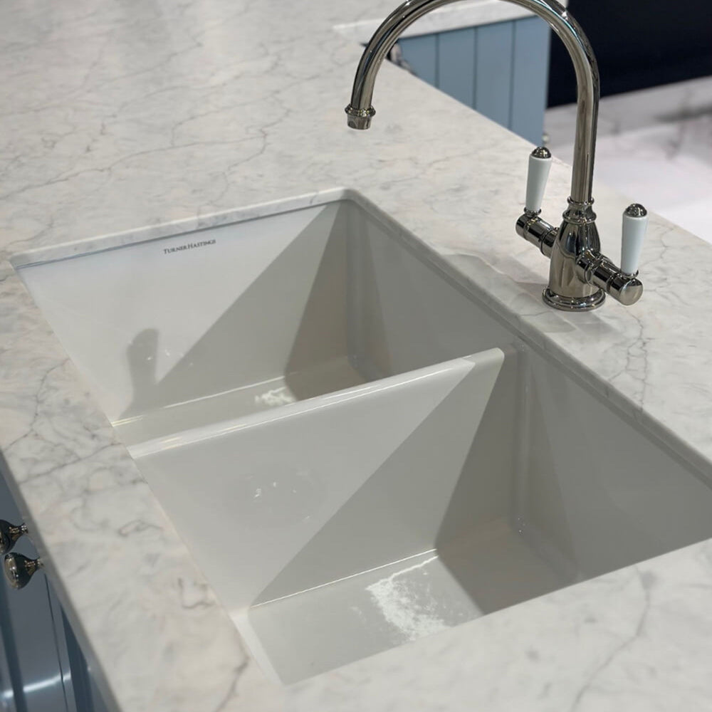 TURNER HASTINGS CUISINE DOUBLE INSET AND UNDERMOUNT FINE FIRECLAY SINK GLOSS WHITE 815MM