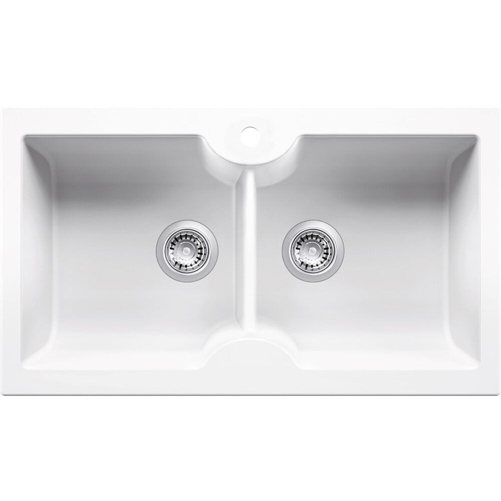 TURNER HASTINGS CUISINE INSET AND UNDERMOUNT FINE FIRECLAY DOUBLE BOWL SINK WITH TAPHOLE GLOSS WHITE 860MM