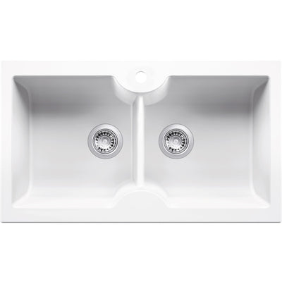 TURNER HASTINGS CUISINE INSET AND UNDERMOUNT FINE FIRECLAY DOUBLE BOWL SINK WITH TAPHOLE GLOSS WHITE 860MM