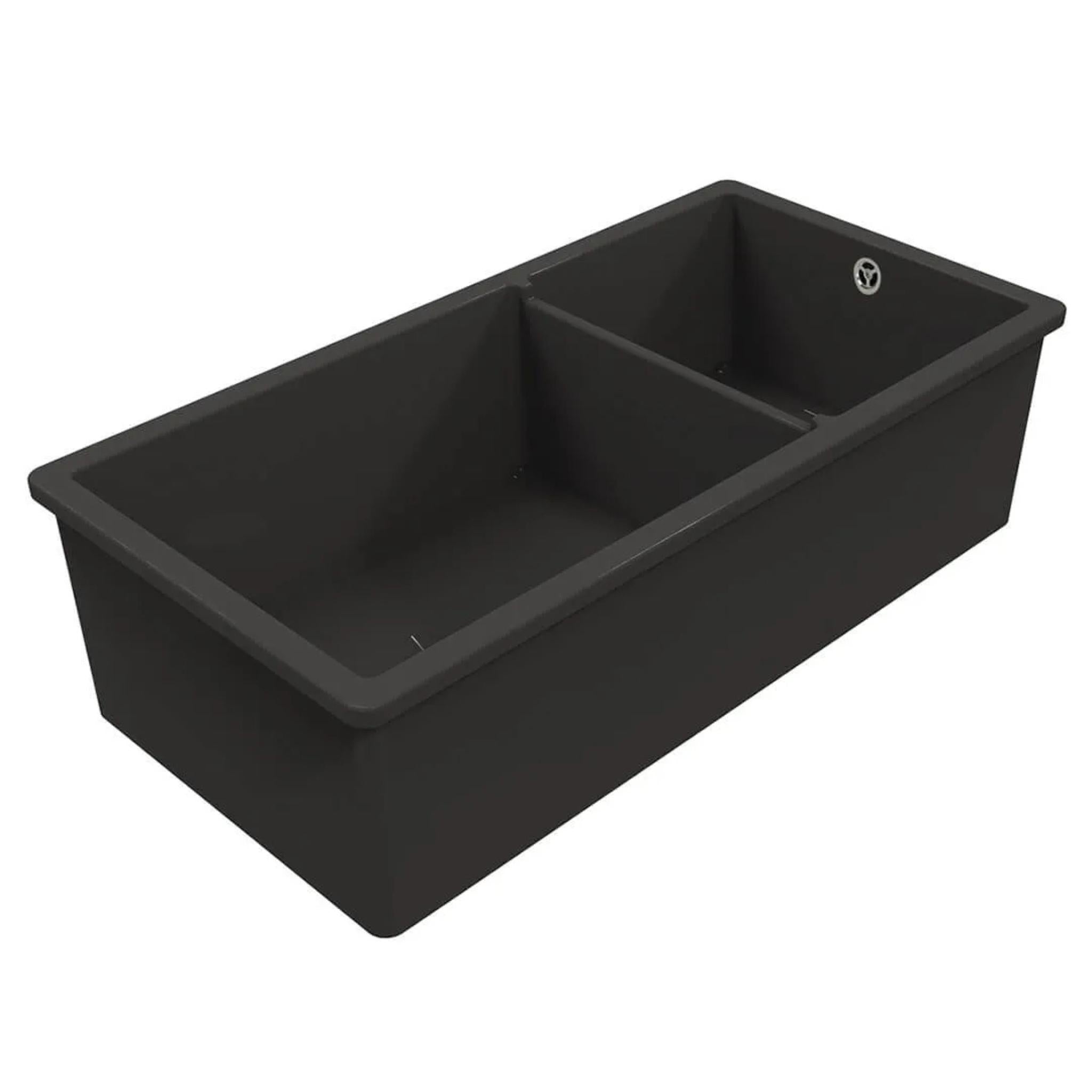 TURNER HASTINGS CUISINE INSET AND UNDERMOUNT FINE FIRECLAY DOUBLE BOWL SINK WITH OVERFLOW MATTE BLACK 940MM