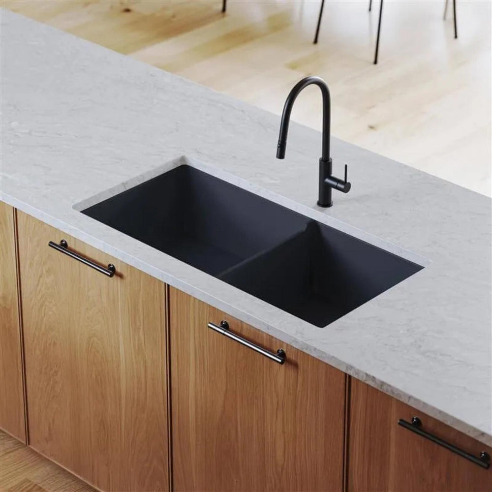 TURNER HASTINGS CUISINE INSET AND UNDERMOUNT FINE FIRECLAY DOUBLE BOWL SINK WITH OVERFLOW MATTE BLACK 940MM