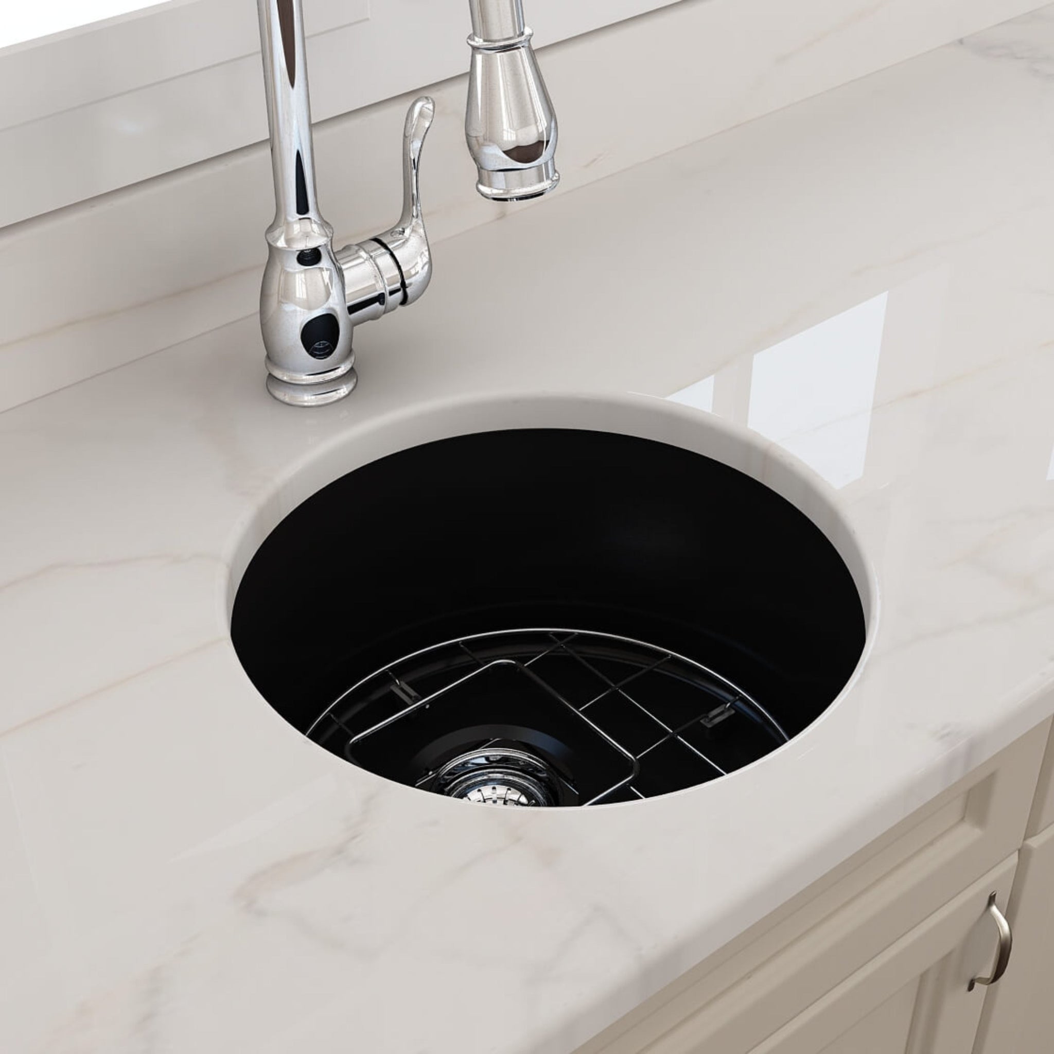TURNER HASTINGS CUISINE ROUND INSET AND UNDERMOUNT FINE FIRECLAY SINK MATTE BLACK 470MM