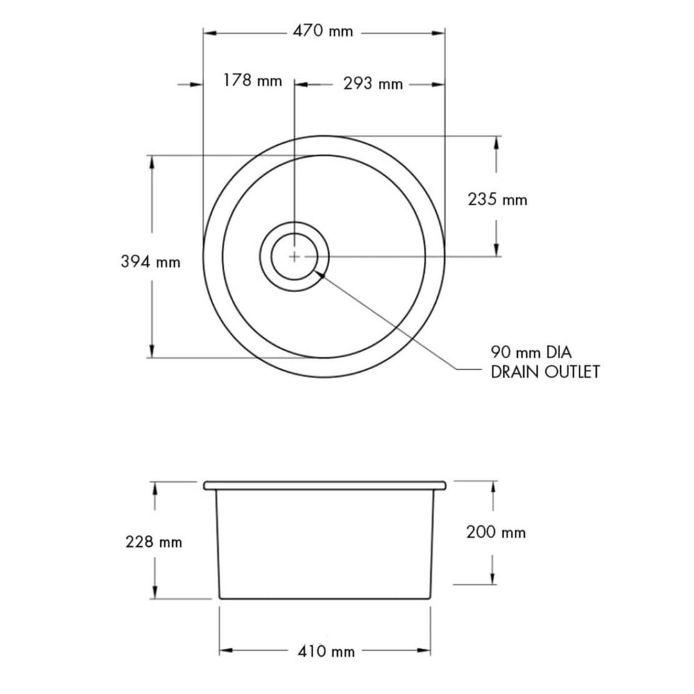 TURNER HASTINGS CUISINE ROUND INSET AND UNDERMOUNT FINE FIRECLAY SINK MATTE BLACK 470MM