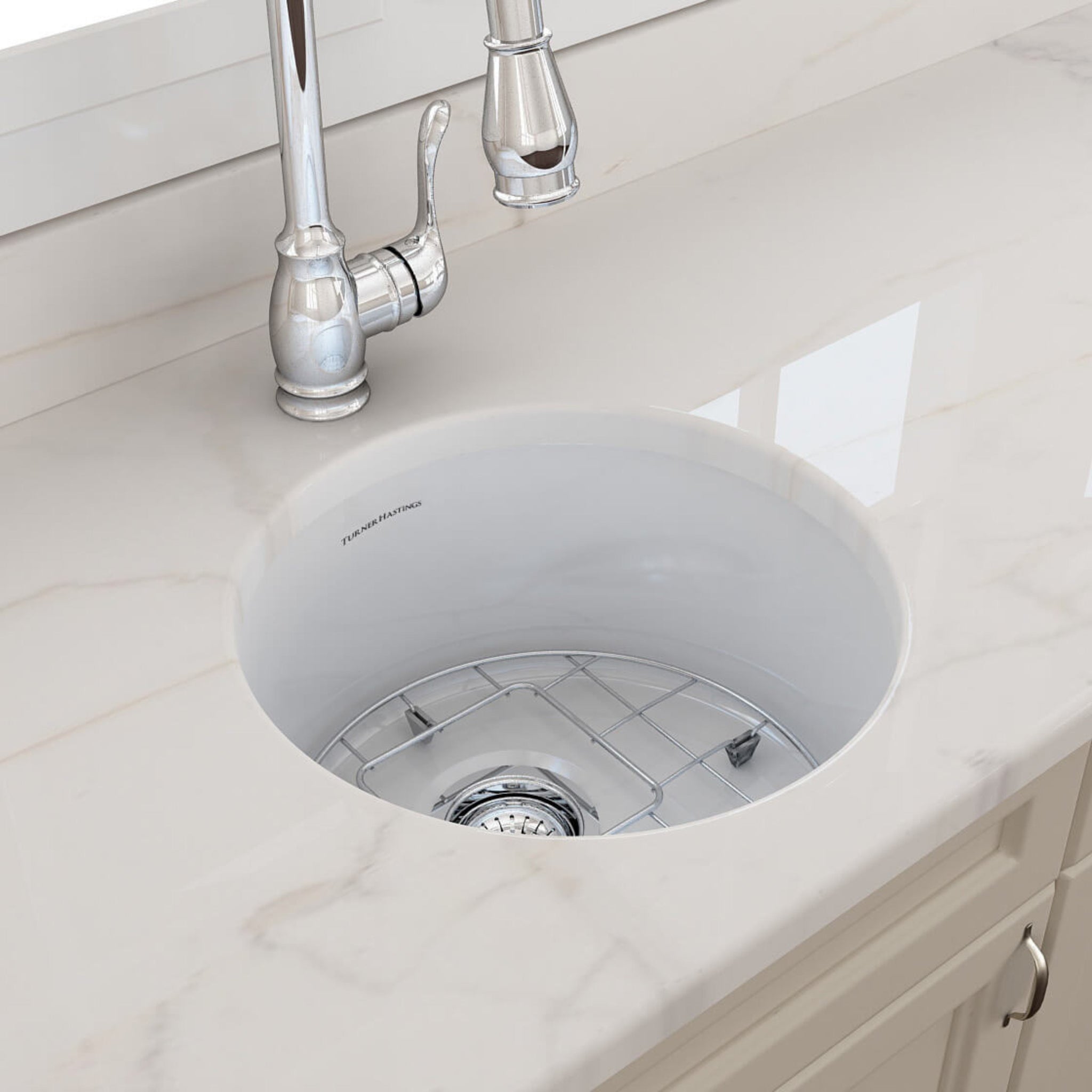 TURNER HASTINGS CUISINE ROUND INSET AND UNDERMOUNT FINE FIRECLAY SINK GLOSS WHITE 470MM