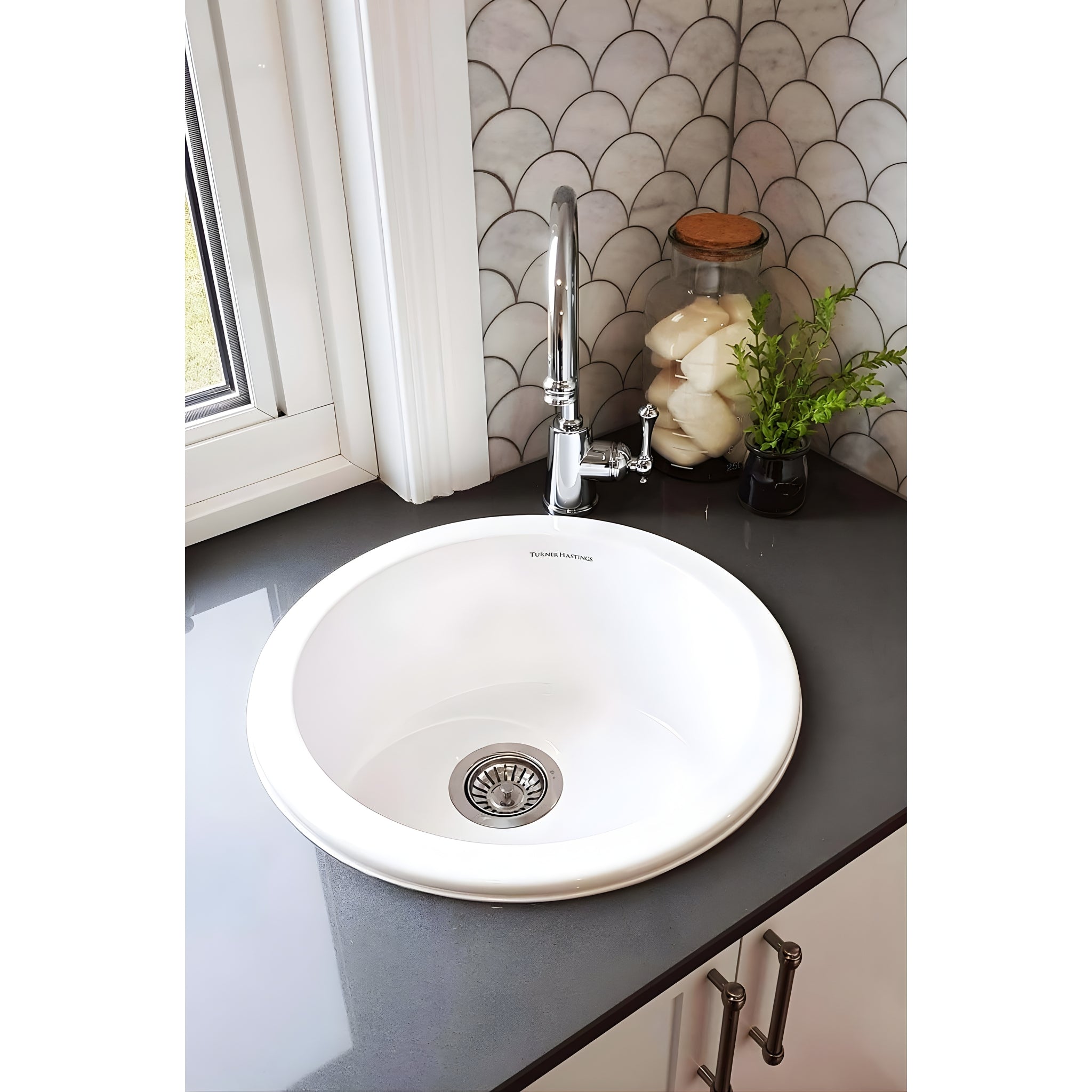 TURNER HASTINGS CUISINE ROUND INSET AND UNDERMOUNT FINE FIRECLAY SINK GLOSS WHITE 470MM