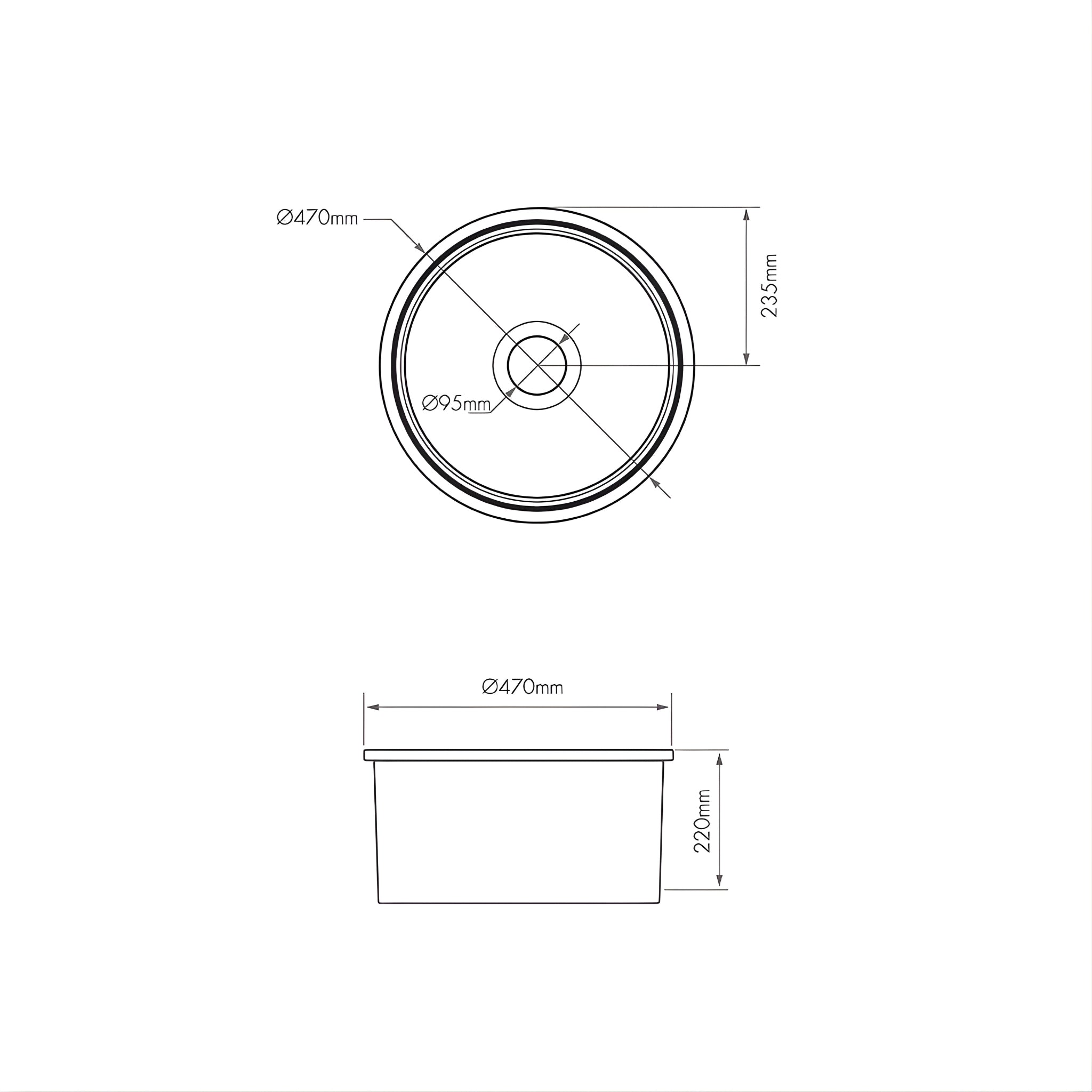 TURNER HASTINGS CUISINE ROUND INSET AND UNDERMOUNT FINE FIRECLAY SINK GLOSS WHITE 470MM