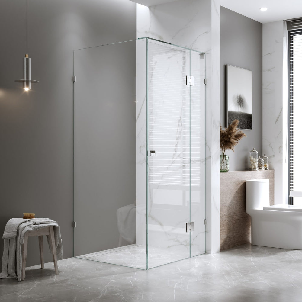 BELLA VISTA VALENTINA FRAMELESS PIVOT FRONT AND RETURN PANEL SHOWER SCREEN BRUSHED SILVER