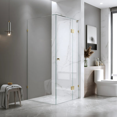 BELLA VISTA VALENTINA FRAMELESS PIVOT FRONT AND RETURN PANEL SHOWER SCREEN FRENCH GOLD