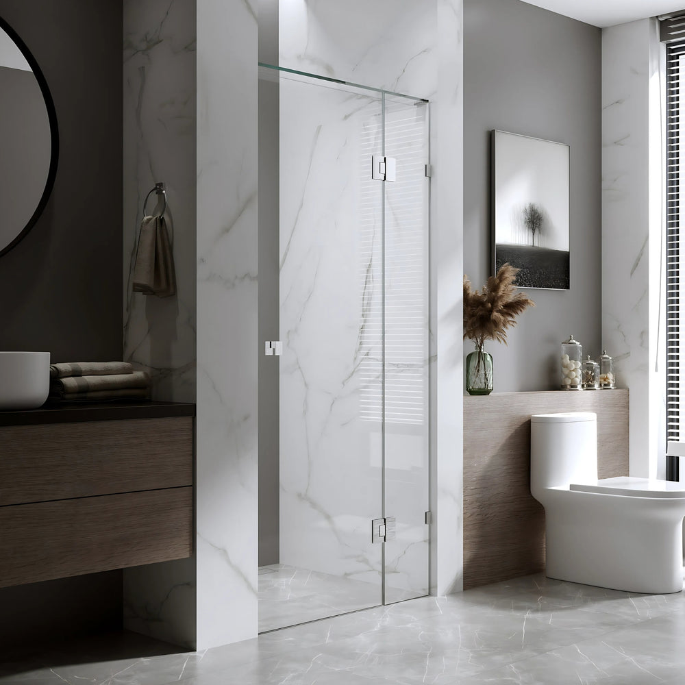 BELLA VISTA VALENTINA FRAMELESS PIVOT FRONT ONLY SHOWER SCREEN BRUSHED SILVER