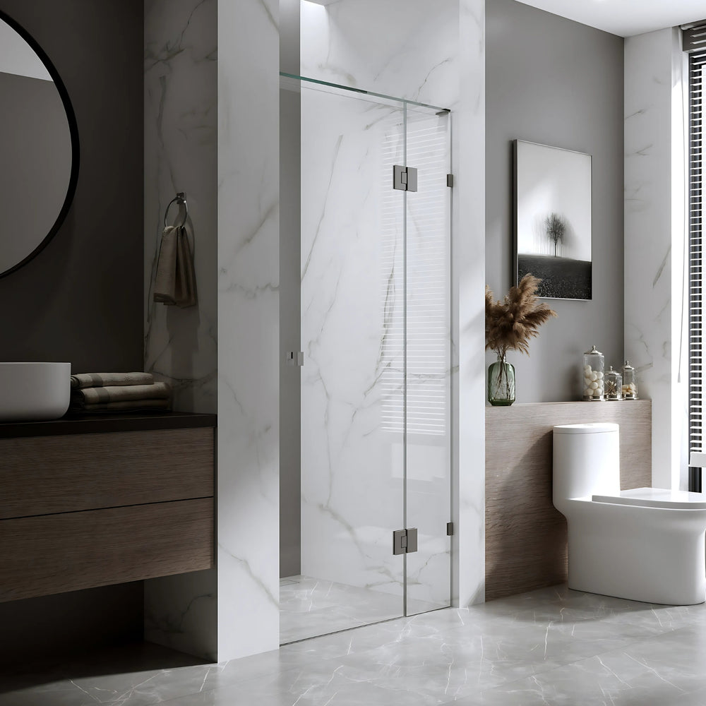 BELLA VISTA VALENTINA FRAMELESS PIVOT FRONT ONLY SHOWER SCREEN GUN METAL