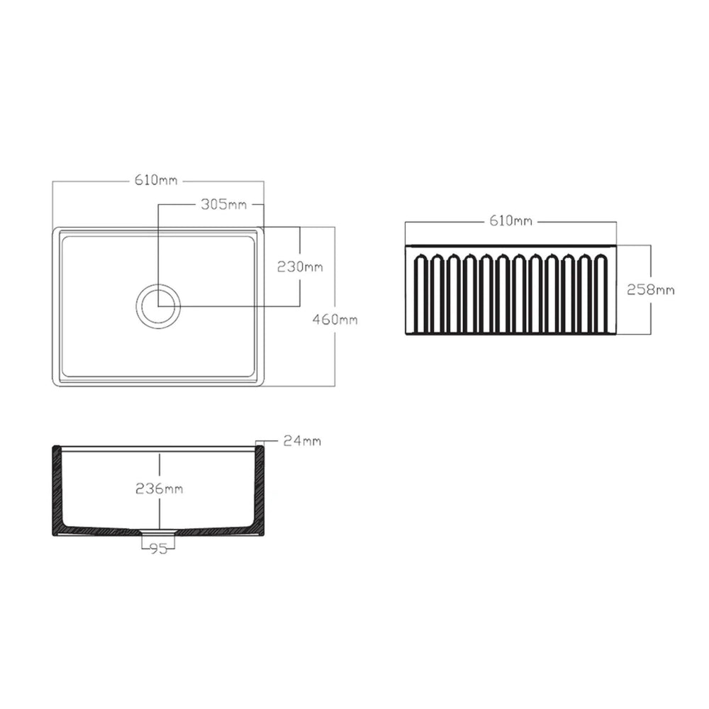 TURNER HASTINGS COVE FIRECLAY BUTLER SINK GLOSS WHITE 610MM