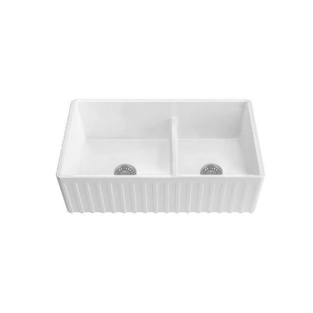 TURNER HASTINGS COVE FIRECLAY DOUBLE BOWL BUTLER SINK WITH OVERFLOW GLOSS WHITE 838MM
