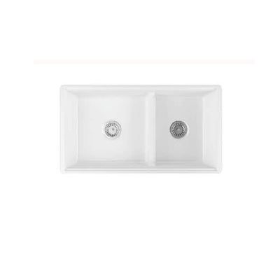 TURNER HASTINGS COVE FIRECLAY DOUBLE BOWL BUTLER SINK WITH OVERFLOW GLOSS WHITE 838MM