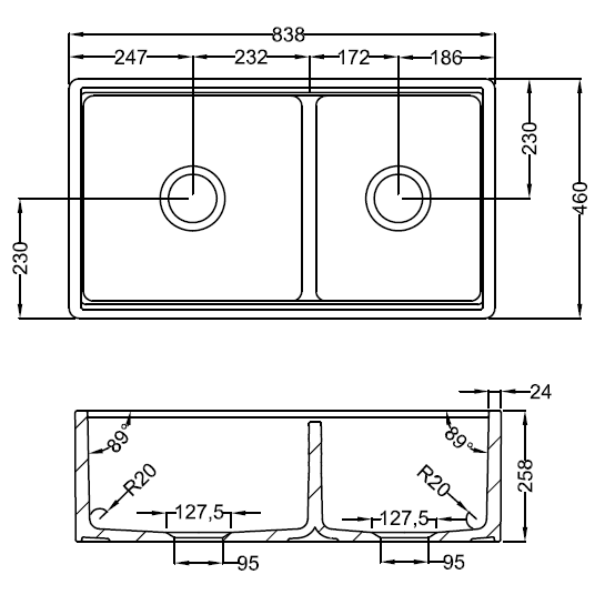 TURNER HASTINGS COVE FIRECLAY DOUBLE BOWL BUTLER SINK GLOSS WHITE 838MM