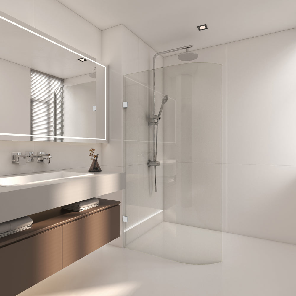 COVEY FRAMELESS WALK IN CURVED SINGLE PANEL SHOWER SCREEN BRUSHED NICKEL