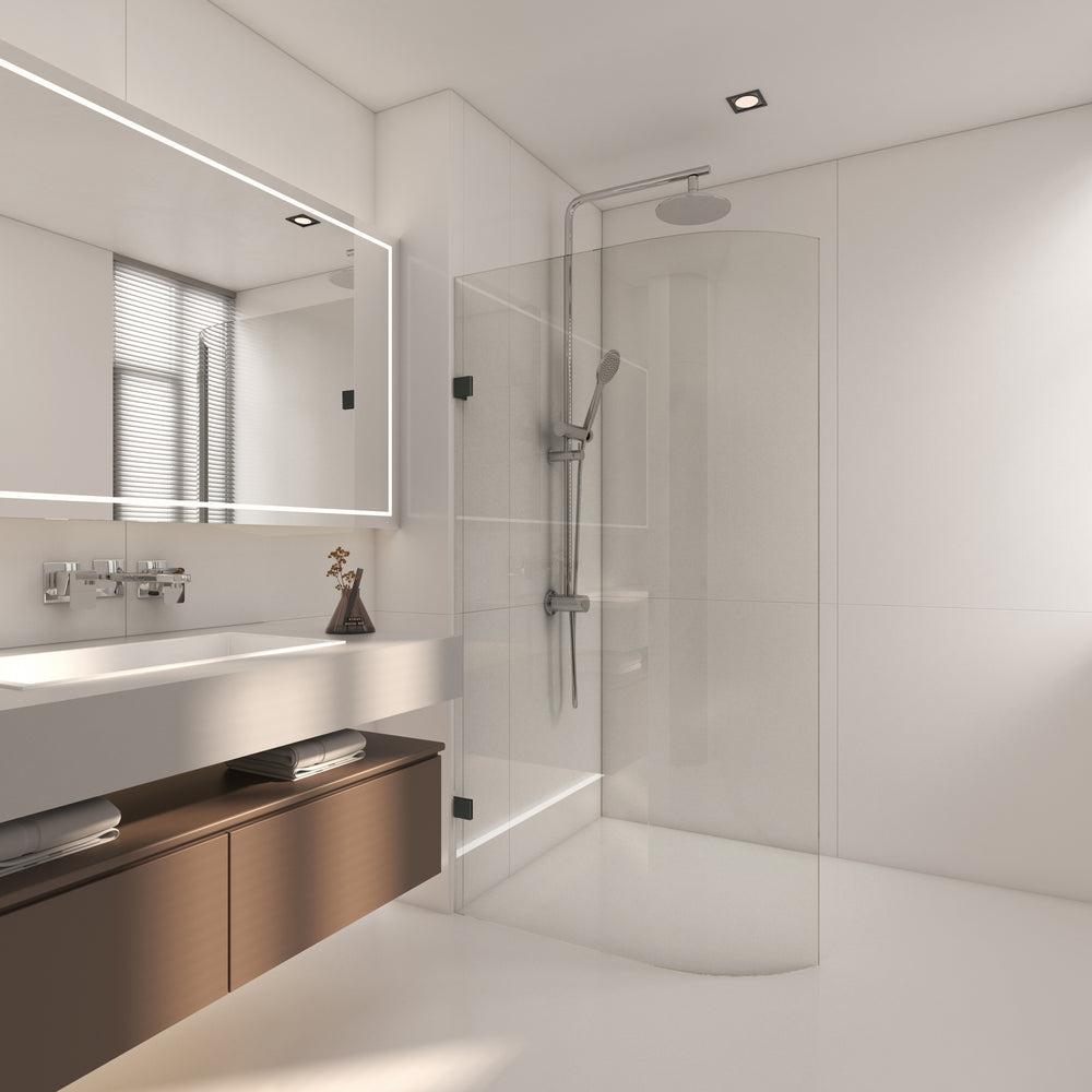 COVEY FRAMELESS WALK IN CURVED SINGLE PANEL SHOWER SCREEN GUN METAL