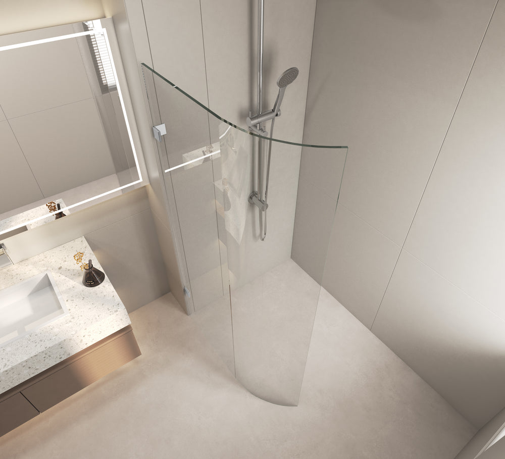 COVEY FRAMELESS WALK IN CURVED SINGLE PANEL SHOWER SCREEN BRUSHED NICKEL
