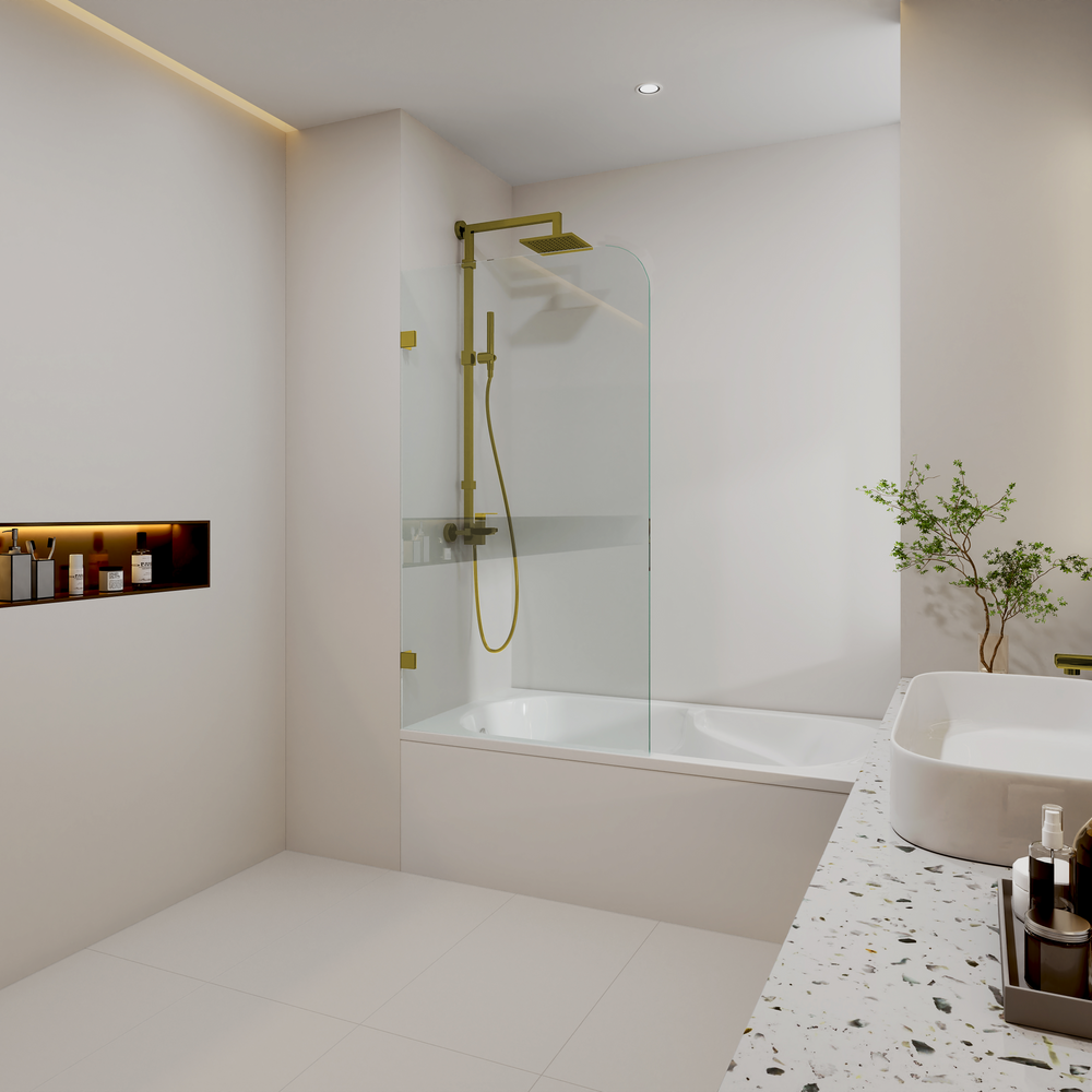 COVEY FIXED PANEL WITH CURVED CORNER BATH SCREEN BRUSHED GOLD