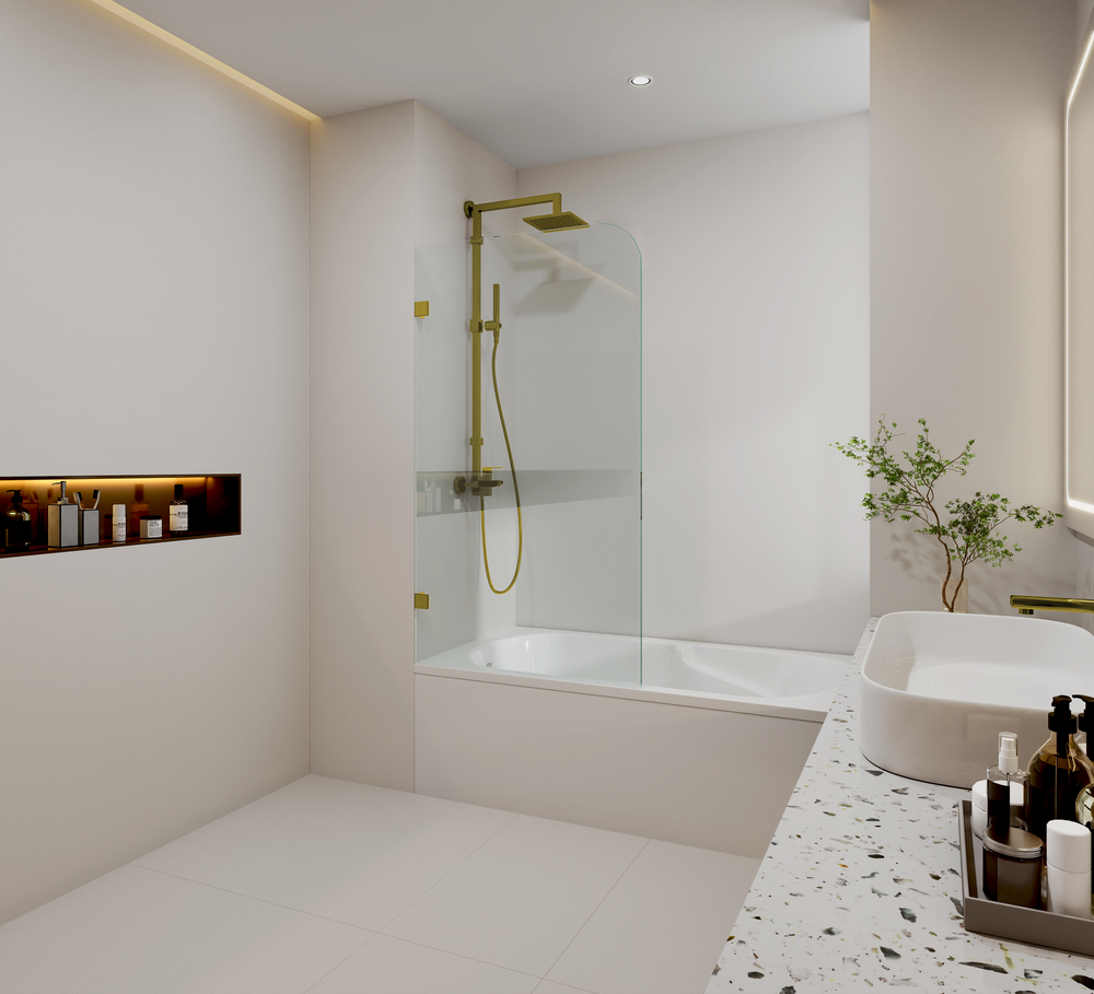 COVEY FIXED PANEL WITH CURVED CORNER BATH SCREEN BRUSHED GOLD