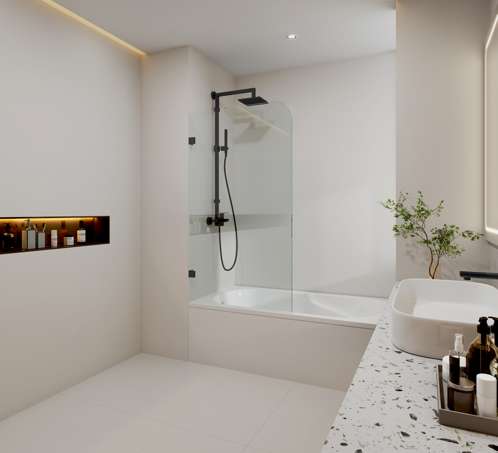 COVEY FIXED PANEL WITH CURVED CORNER BATH SCREEN MATTE BLACK