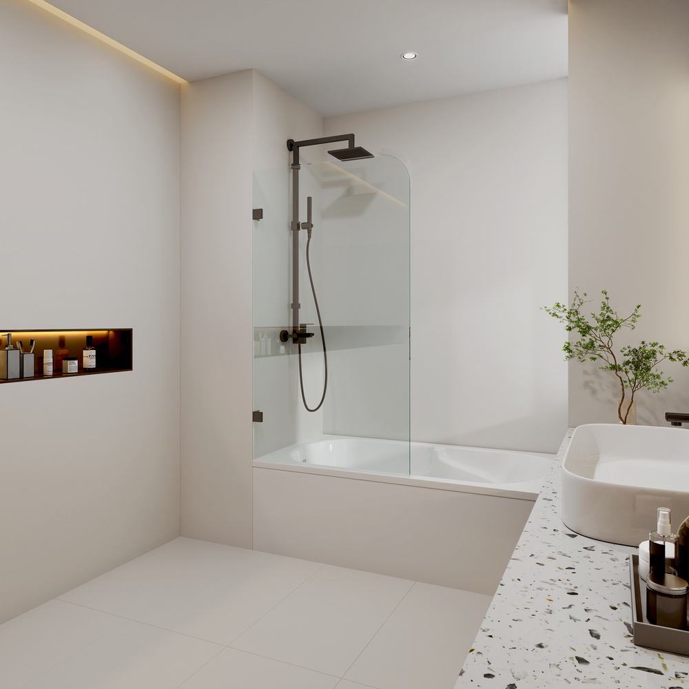COVEY FIXED PANEL WITH CURVED CORNER BATH SCREEN GUN METAL GREY