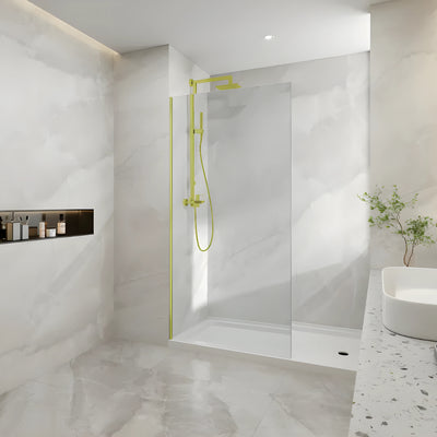 COVEY FRAMELESS WALK IN SINGLE PANEL WITH WALL CHANNEL LIGHT GOLD