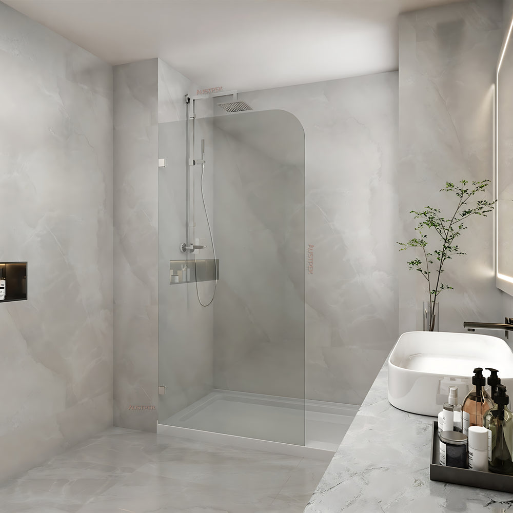 COVEY FRAMELESS WALK IN SINGLE PANEL WITH CURVED CORNER SHOWER SCREEN BRUSHED NICKEL
