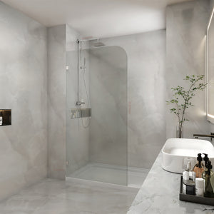 COVEY FRAMELESS WALK IN SINGLE PANEL WITH CURVED CORNER SHOWER SCREEN BRUSHED NICKEL