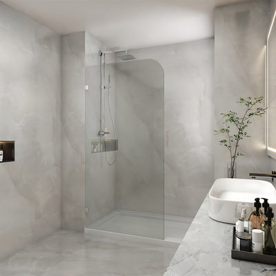 COVEY FRAMELESS WALK IN SINGLE PANEL WITH CURVED CORNER SHOWER SCREEN BRUSHED NICKEL