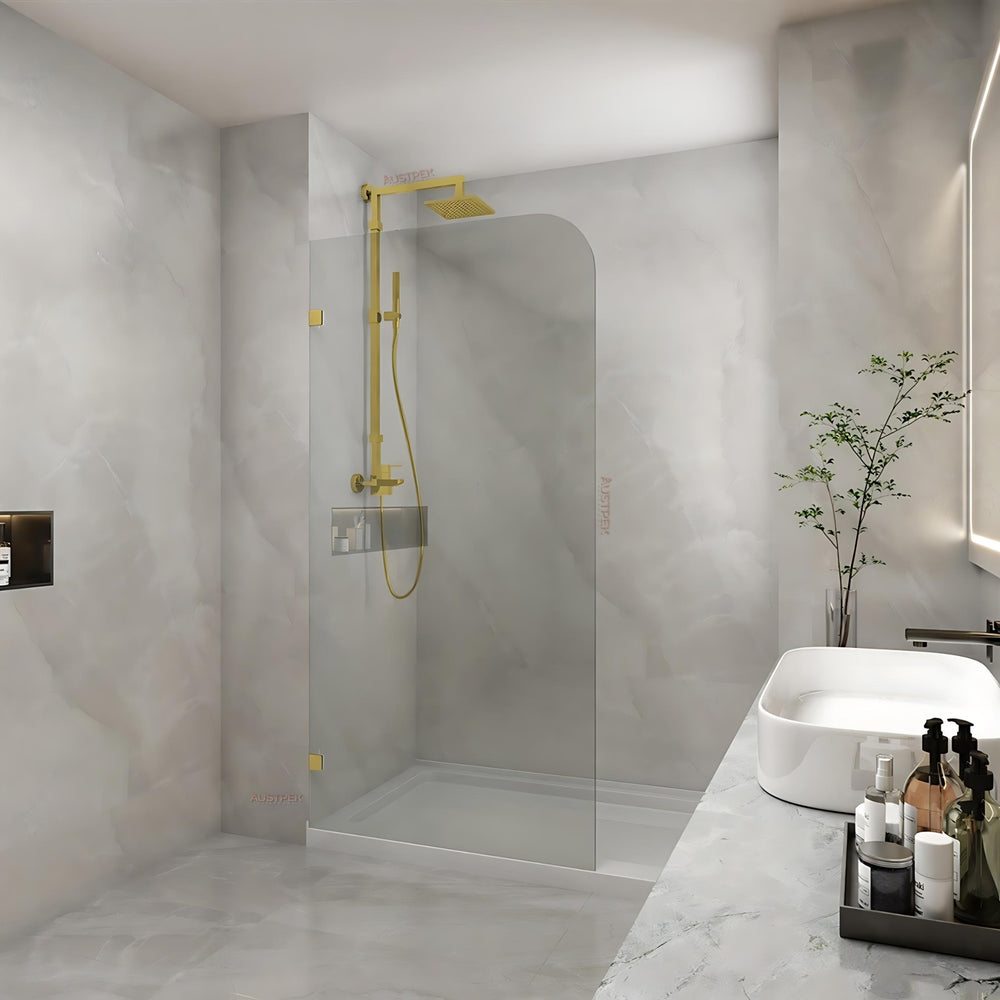 COVEY FRAMELESS WALK IN SINGLE PANEL WITH CURVED CORNER SHOWER SCREEN BRUSHED GOLD
